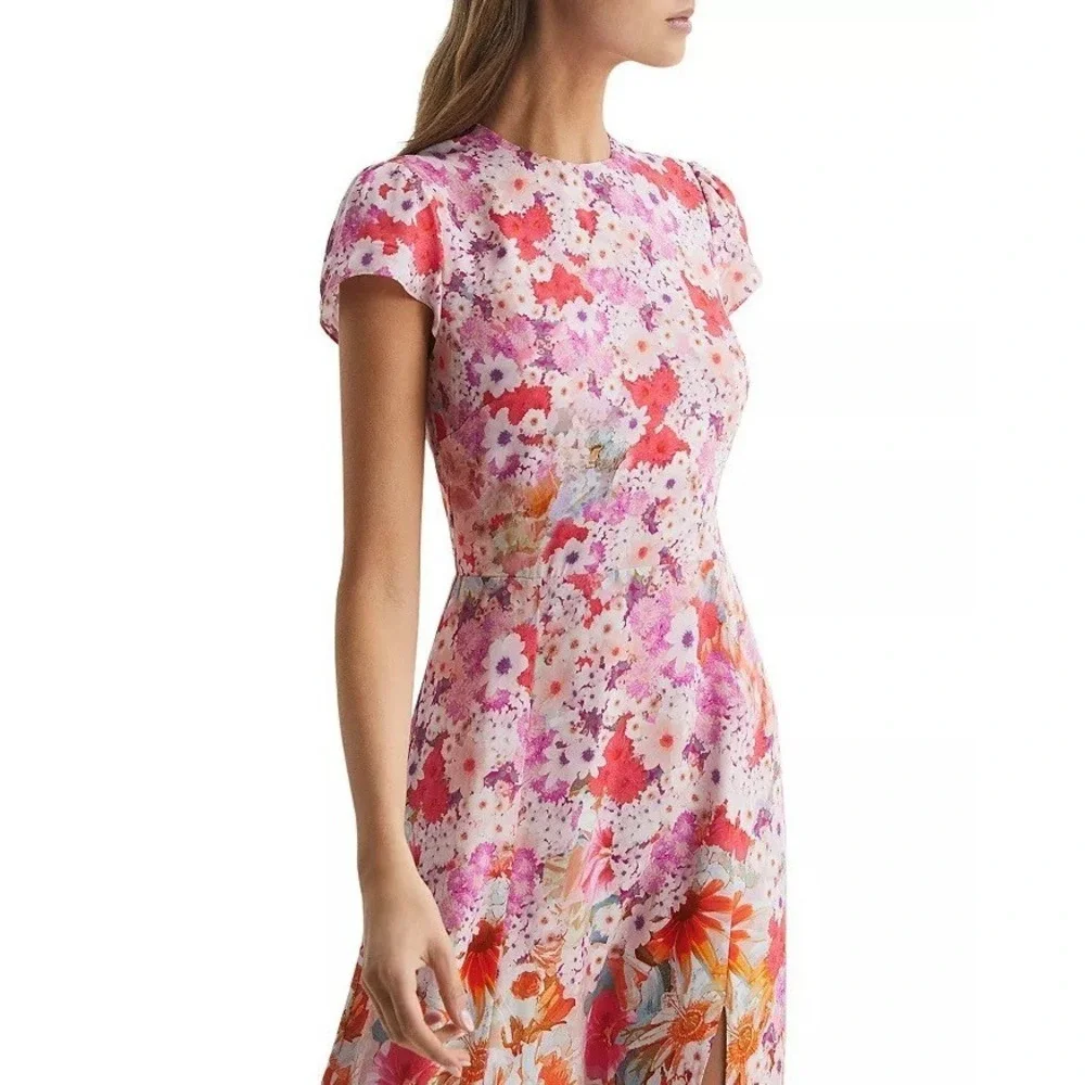 Reiss NWT Floral Ombre Midi Dress US 8 Pink Multicolor Slit Wedding Guest $290 - Picture 2 of 14